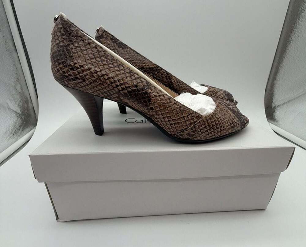Calvin Klein Parisa Classic Python Peep Toe Pumps in Light Taupe